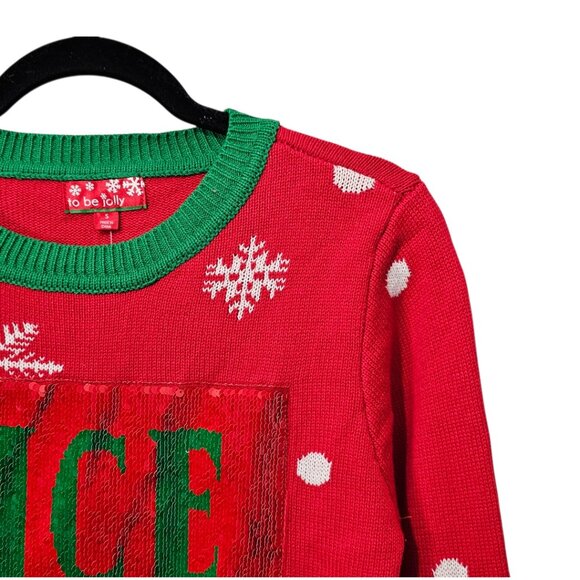 To Be Jolly New Naughty Nice Reversible Sequin Ugly Knit Red Christmas Sweater - Picture 4 of 11